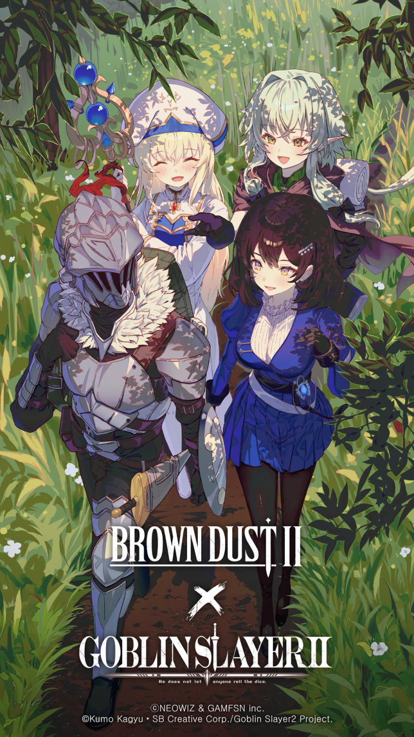 1boy 3girls armor backpack bag black_hair black_thighhighs blonde_hair blue_dress breastplate brown_cloak brown_dust_(series) brown_dust_2 brown_eyes capelet cloak closed_eyes copyright_name dress elf full_body goblin_slayer goblin_slayer! grass greaves green_eyes green_hair hair_between_eyes hair_intakes hair_ornament hairclip hat helmet high_elf_archer_(goblin_slayer!) highres juliet_sleeves long_hair long_sleeves looking_at_another medium_hair mont_blanca multiple_girls official_art official_wallpaper open_mouth pauldrons pointy_ears priestess_(goblin_slayer!) puffy_sleeves robe scheherazade_(brown_dust) scheherazade_(the_lapis_witch)_(brown_dust) second-party_source sheath sheathed shoulder_armor smile sweater sword tall_grass thighhighs vambraces very_long_hair walking weapon white_capelet white_hat white_robe white_sweater