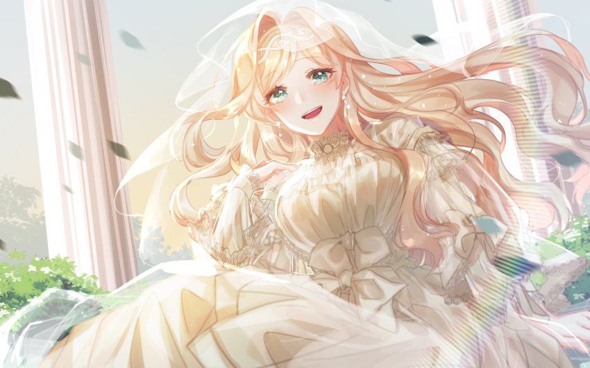 1girl althea_jade beige_bow beige_dress blonde_hair blue_eyes breasts dress earrings falling_leaves floating_hair hand_on_own_chest highres jewelry large_breasts layla_alstroemeria leaf long_hair looking_at_viewer nijisanji nijisanji_id smile solo virtual_youtuber wedding_dress