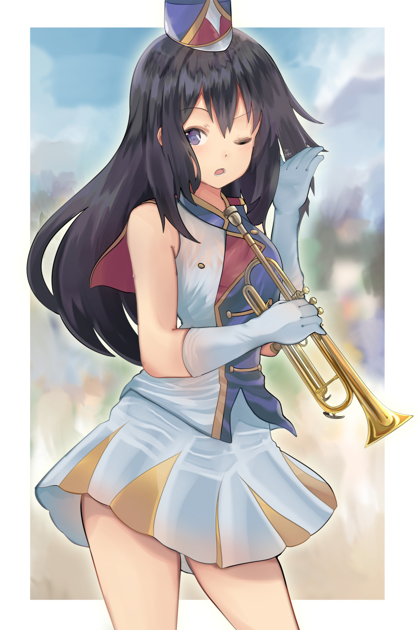 1girl ;o absurdres band_uniform black_hair border breasts cowboy_shot gloves hat hibike!_euphonium highres holding holding_instrument holding_trumpet instrument kousaka_reina long_hair looking_at_viewer miniskirt one_eye_closed purple_eyes shako_cap shirt skirt sleeveless sleeveless_shirt solo thighs trumpet white_border white_gloves white_skirt yakitori_(yak1t0ri)
