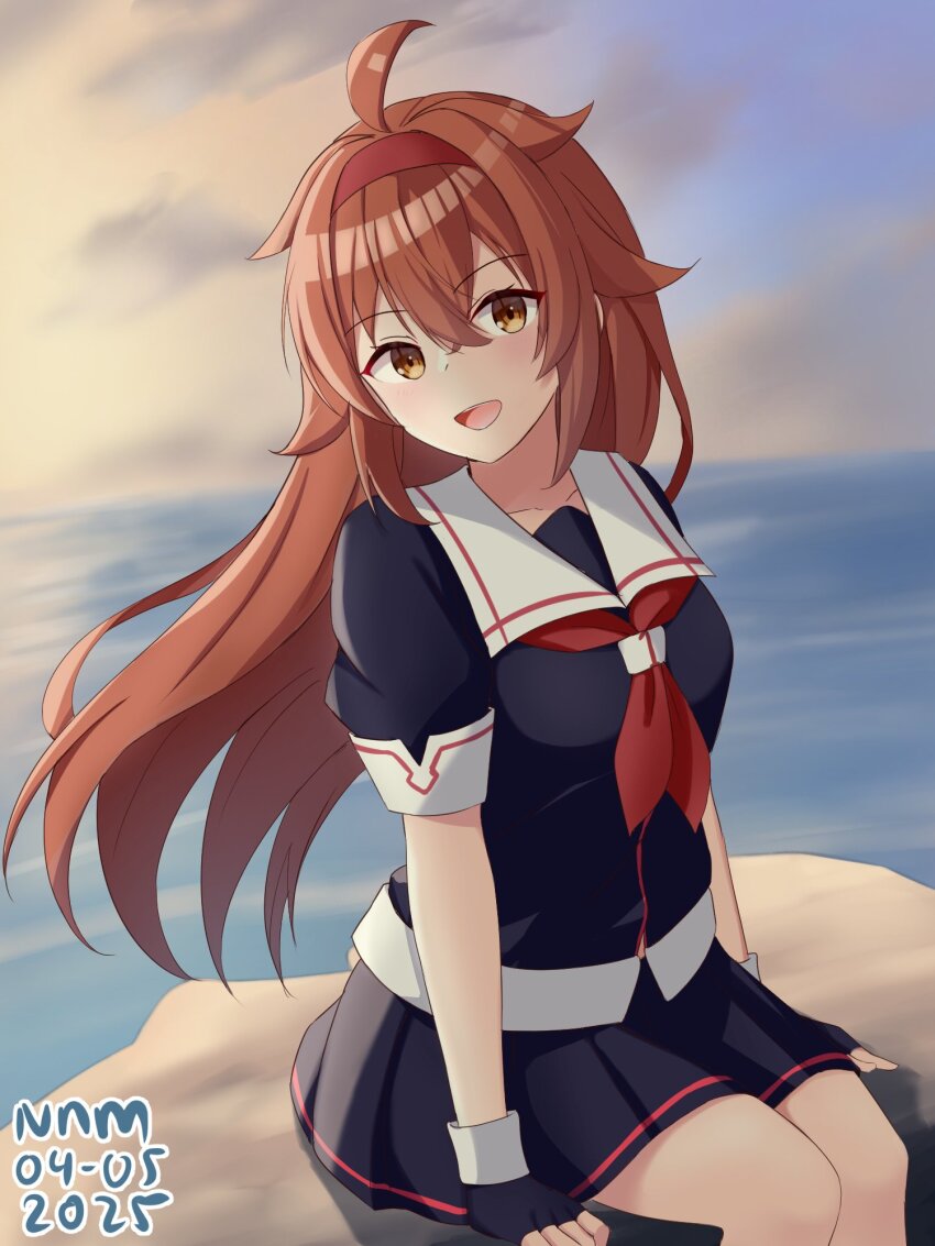 1girl blush breasts brown_eyes brown_hair gloves hair_between_eyes hair_flaps hairband highres indoors kantai_collection long_hair looking_at_viewer medium_breasts nnm ocean red_hairband rock sailor_collar school_uniform serafuku shiratsuyu_(kancolle) shiratsuyu_kai_ni_(kancolle) sitting skirt solo sunset water white_sailor_collar