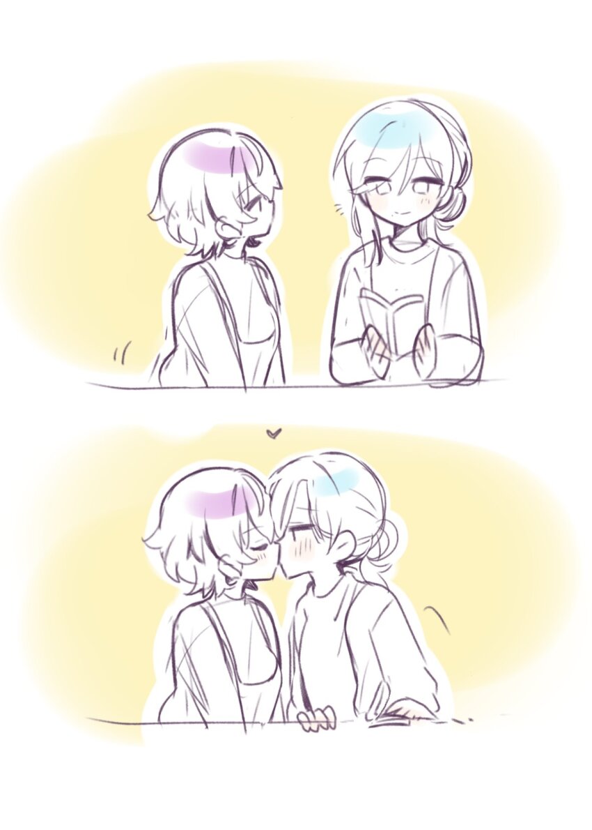 2girls asahina_mafuyu blue_hair blush book closed_eyes closed_mouth commentary hashtag-only_commentary heart highres hinomori_shizuku holding holding_book kiss looking_at_another masimaro_fah86 multiple_girls notice_lines project_sekai purple_hair reading short_hair smile white_background yellow_background yuri