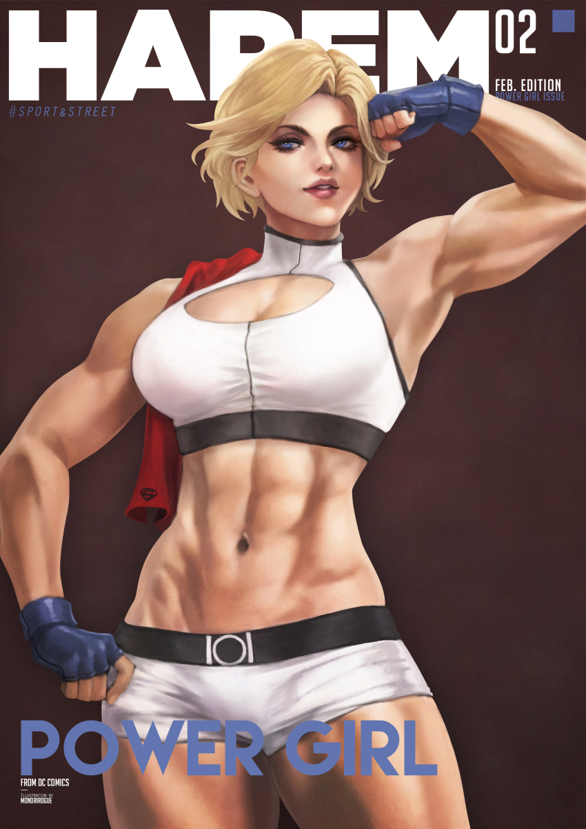 1girl abs absurdres artist_name blonde_hair blue_gloves breasts character_name commentary copyright_name dc_comics english_commentary february fingerless_gloves gloves highres monori_rogue navel power_girl short_hair solo