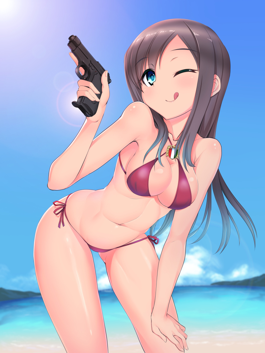 1girl :q ;q a9b_(louis814) absurdres beretta_m1934 bikini blue_eyes breasts brown_hair cleavage federica_n._doglio female_focus gun handgun highres italian_flag italy leaning_forward long_hair looking_at_viewer magazine_(weapon) navel one_eye_closed pistol red_bikini semi-automatic_pistol solo strike_witches strike_witches:_kurenai_no_majo-tachi swimsuit tongue tongue_out weapon weapon_request world_witches_series