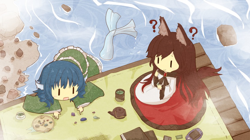 2girls ? akihiyo animal_ears blue_eyes brooch brown_hair cup drill_hair fins fish_tail handheld_game_console head_fins highres imaizumi_kagerou japanese_clothes jewelry kimono long_hair long_sleeves mermaid monster_girl multiple_girls tail teapot touhou very_long_hair wakasagihime water wide_sleeves wolf_ears wolf_tail yunomi |_|