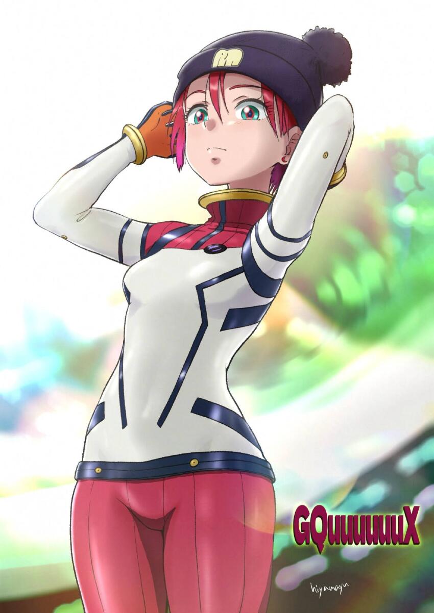 1girl adjusting_clothes adjusting_headwear amate_yuzuriha artist_name beanie black_hat bodysuit commentary_request copyright_name gundam gundam_gquuuuuux hat highres hiyama_yuu_(wee259hiyama) mecha_pilot_suit pom_pom_(clothes) red_hair short_hair signature skin_tight solo