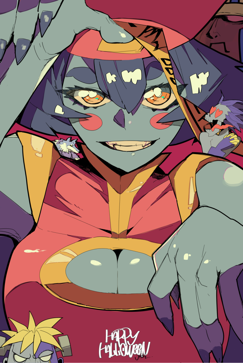 1girl 4boys anakaris breasts capcom cleavage darkstalkers hat highres hsien-ko jiangshi jon_talbain large_breasts lord_raptor multiple_boys victor_von_gerdenheim