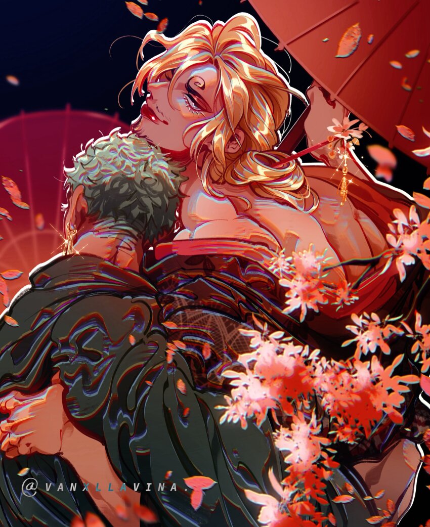2boys back black_background blonde_hair commentary curly_eyebrows facial_hair feathers green_hair highres holding holding_umbrella hug japanese_clothes kimono male_focus multiple_boys mustache one_piece red_lips roronoa_zoro sanji_(one_piece) short_hair simple_background smile twitter_username umbrella vanxllavina