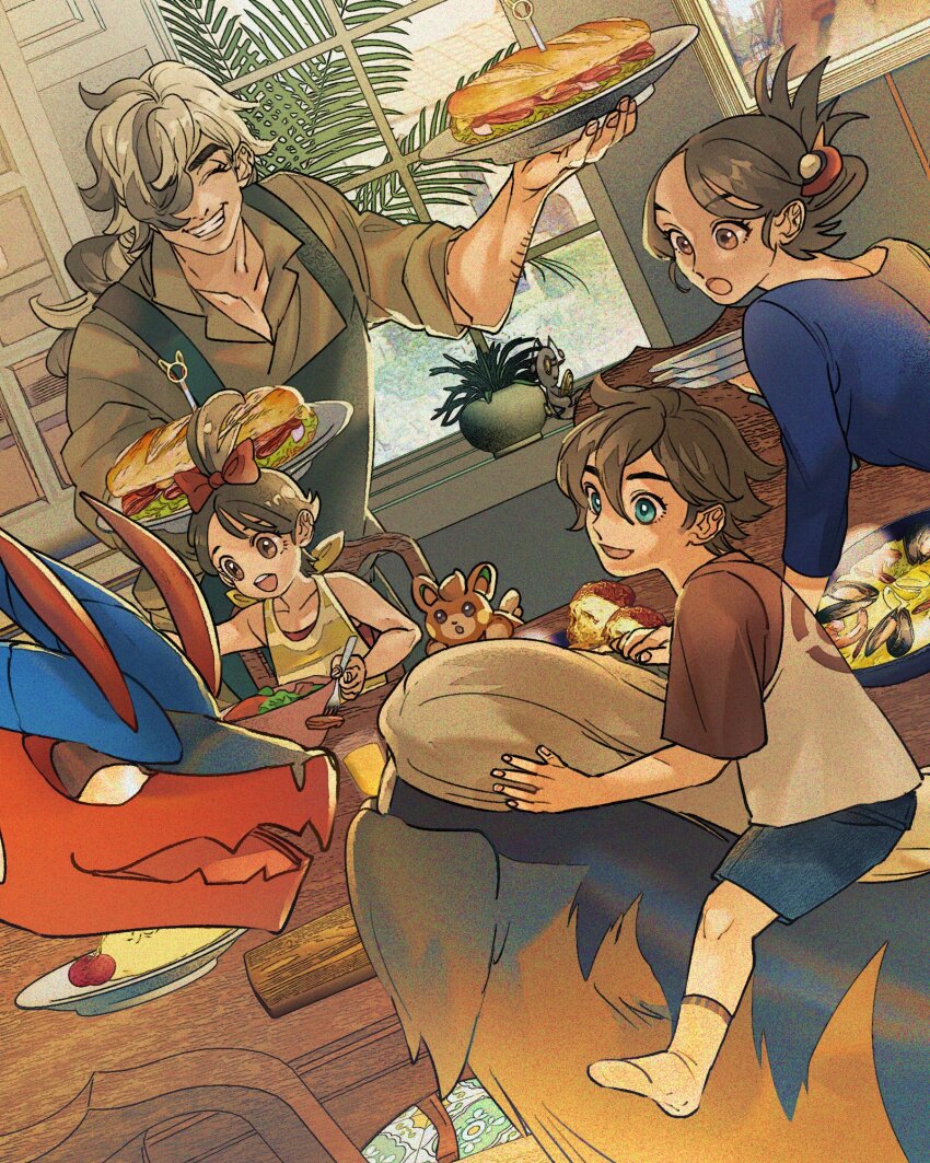 2boys 2girls :o apron arven_(pokemon) blue_eyes blue_shirt blue_shorts bow bowtie bread closed_eyes collarbone collared_shirt colored_skin commentary_request dog dutch_angle eyelashes family florian_(pokemon) food fork gimmighoul gimmighoul_(roaming) green_shirt grey_hair hair_between_eyes hair_over_one_eye highres holding holding_fork holding_plate indoors juliana_(pokemon) koraidon leaf lettuce long_hair mabosstiff multiple_boys multiple_girls mussel nintendo open_mouth orange_skin paldea_mother parted_bangs pawmi plant plate pokemon pokemon_(creature) pokemon_sv ponytail potted_plant red_bow red_bowtie red_shirt red_skin riding riding_pokemon salad sandwich sharp_teeth shirt shorts socks solid_circle_eyes stb81370884 submarine_sandwich swept_bangs table teeth tomato two-tone_shirt upper_teeth_only white_shirt white_socks window