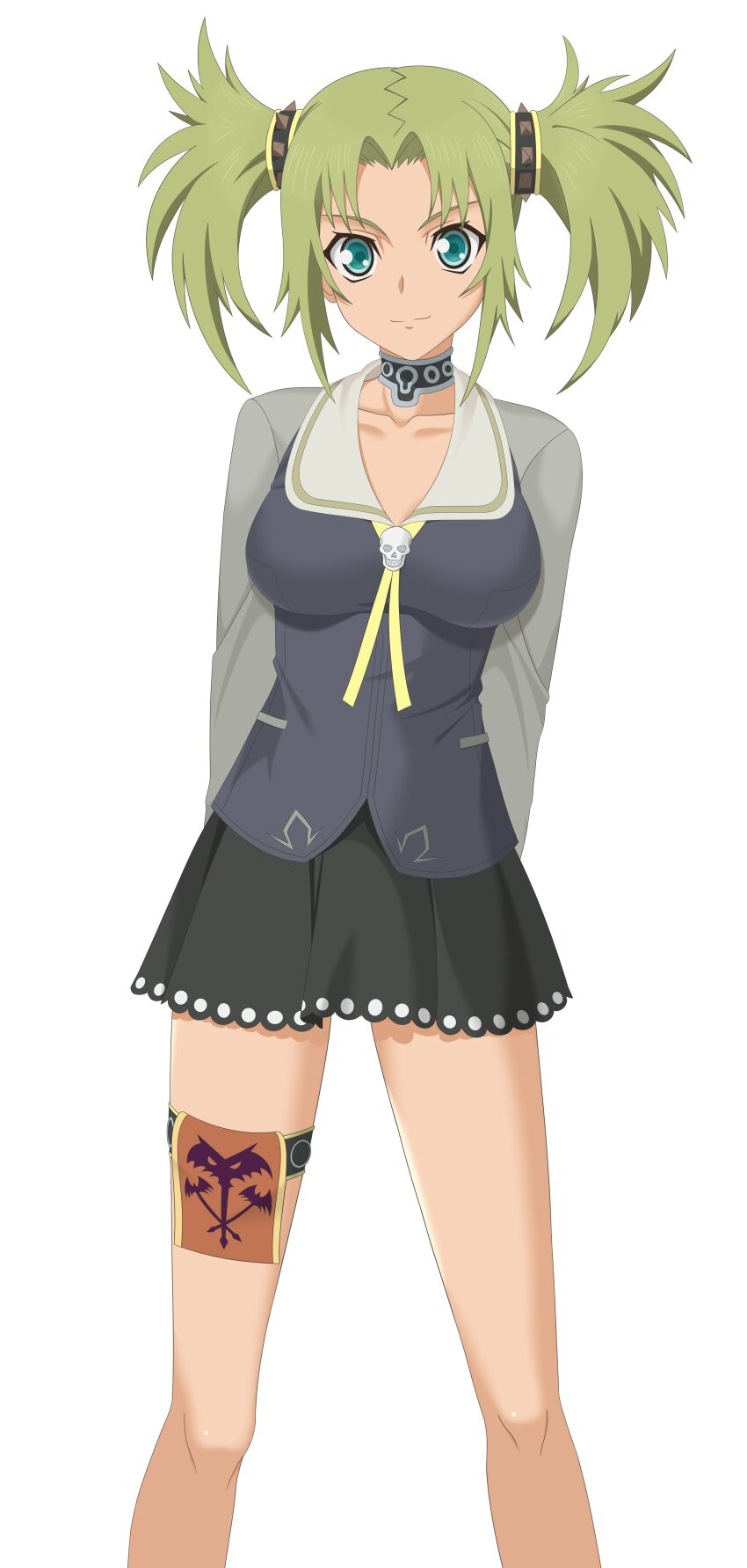 1girl absurdres arms_behind_back breasts choker commission droite_(tales) green_eyes green_hair hair_rings highres looking_at_viewer mamold_duck medium_breasts sidelocks simple_background smile solo spiked_hair_ornament tales_of_(series) tales_of_vesperia twintails white_background