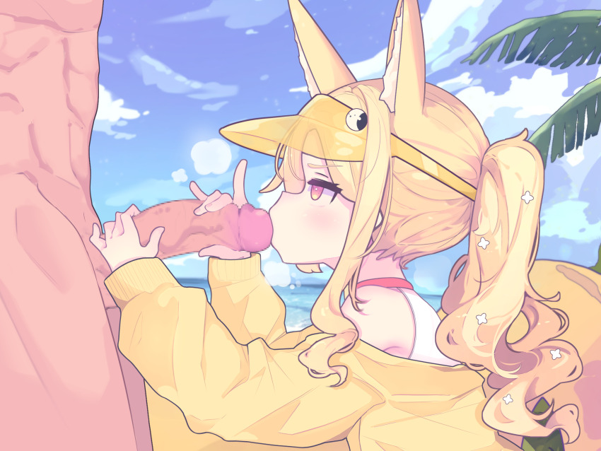 1boy 1girl animal_ear_fluff animal_ears blonde_hair blue_archive blue_sky censored clothed_female_nude_male cloud extra_ears fellatio fox_ears fox_girl fox_tail from_side gradient_eyes hetero highres jacket loli long_hair long_sidelocks long_sleeves looking_at_another mosaic_censoring multicolored_eyes no_eyewear no_halo nude off_shoulder official_alternate_costume oral outdoors penis penis_grab ponytail seia_(blue_archive) seia_(swimsuit)_(blue_archive) side_ponytail sidelocks sky tail tennsai12345 very_long_hair visor_cap yellow_jacket yellow_visor