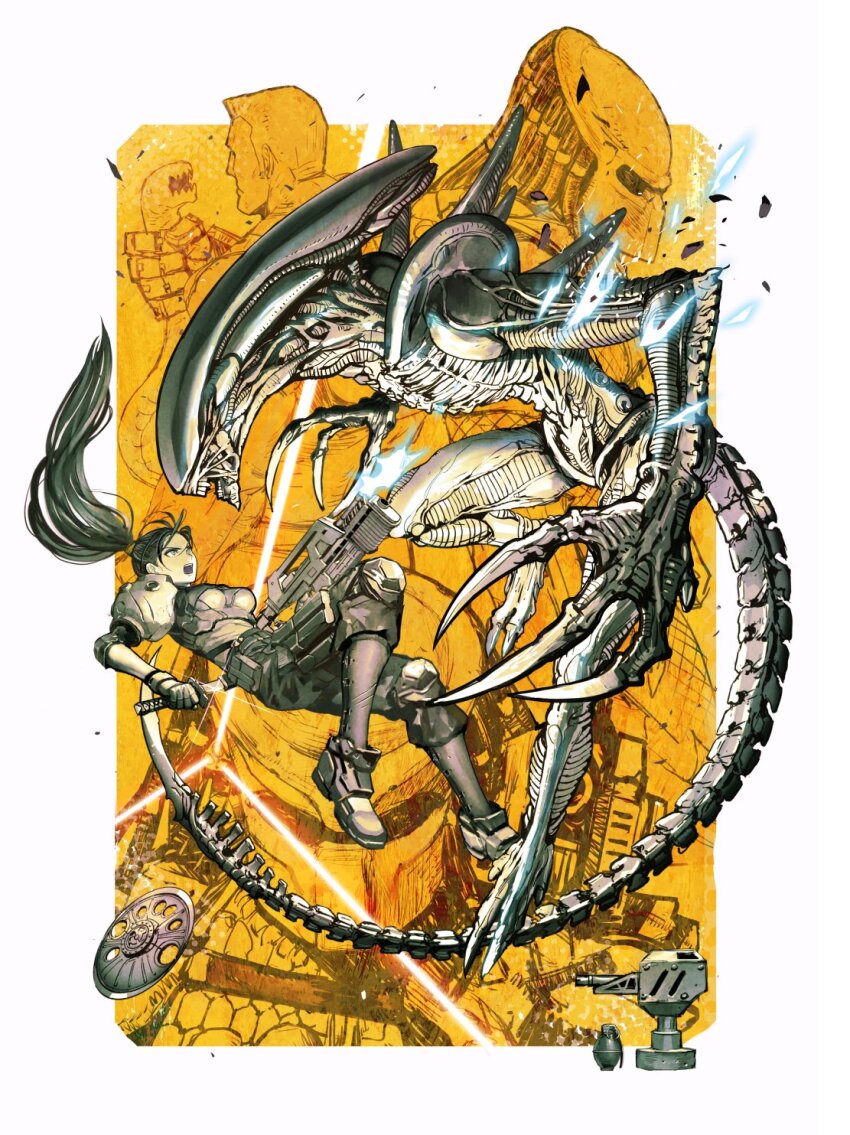 1girl alien alien_(series) alien_vs._predator armor breasts brown_hair camouflage capcom combistick crossover dreadlocks dutch_schaefer fangs fingerless_gloves gloves helmet highres holding katana linn_kurosawa long_hair monster okojo plasma_caster ponytail predator_(character) predator_(series) science_fiction shoulder_cannon sword teeth thigh_armor video_game weapon wrist_blades xenomorph
