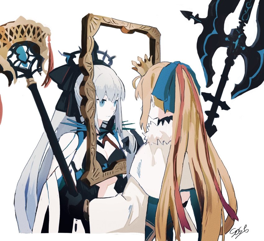 2girls ahoge artoria_caster_(fate) artoria_caster_(third_ascension)_(fate) artoria_pendragon_(fate) black_gloves blonde_hair blue_eyes crown fate/grand_order fate_(series) gloves halberd highres long_hair mirror_twins morgan_le_fay_(fate) multiple_girls polearm ponytail signature silver_hair sost_fgo staff tiara weapon