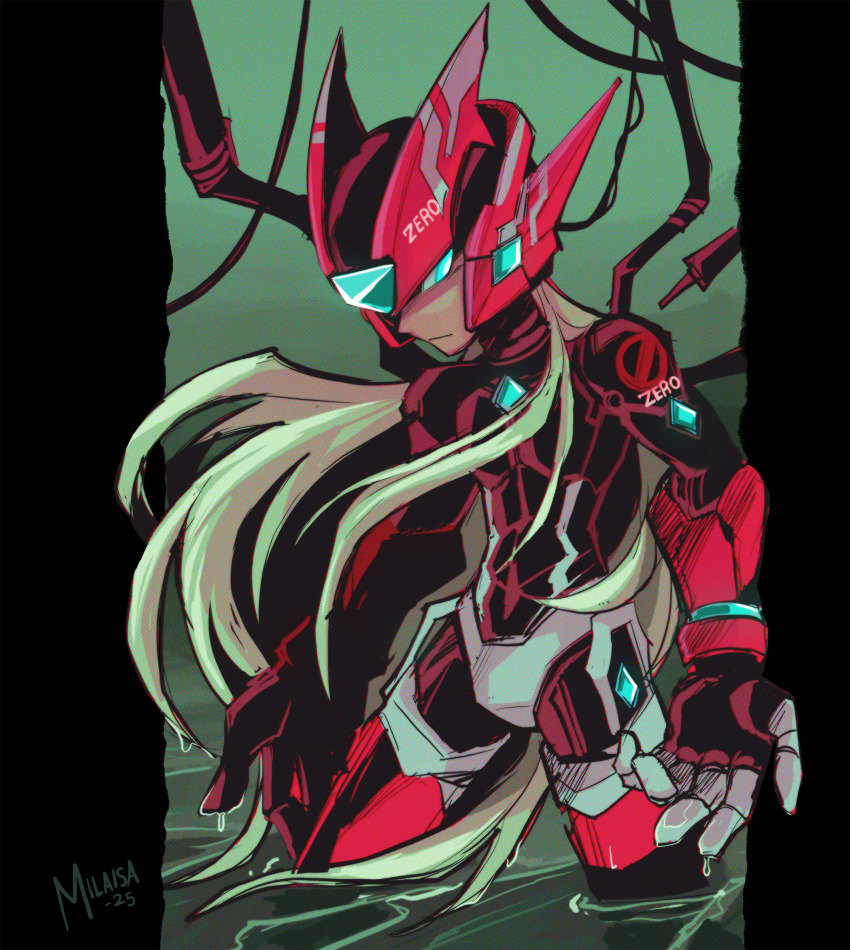 1boy adapted_costume android blonde_hair blue_eyes character_name cowboy_shot forehead_jewel green_background helmet highres long_hair mega_man_(series) mega_man_zero_(series) milaisadoodles partially_submerged red_helmet solo standing zero(z)_(mega_man) zero_(mega_man)