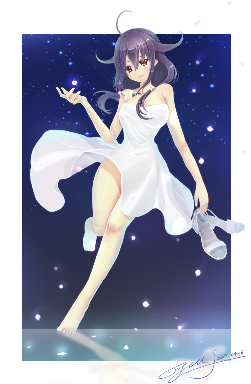 10s 1girl ahoge alternate_costume bare_shoulders barefoot dark_background dress female_focus full_body hair_flaps highres holding holding_shoes holding_unworn_clothes jewelry kantai_collection light_particles long_hair magatama magatama_necklace necklace petals purple_hair red_eyes ryuuhou_(kancolle) shoes smile solo standing standing_on_one_leg taigei_(kancolle) unworn_shoes white_dress yuitsuki1206