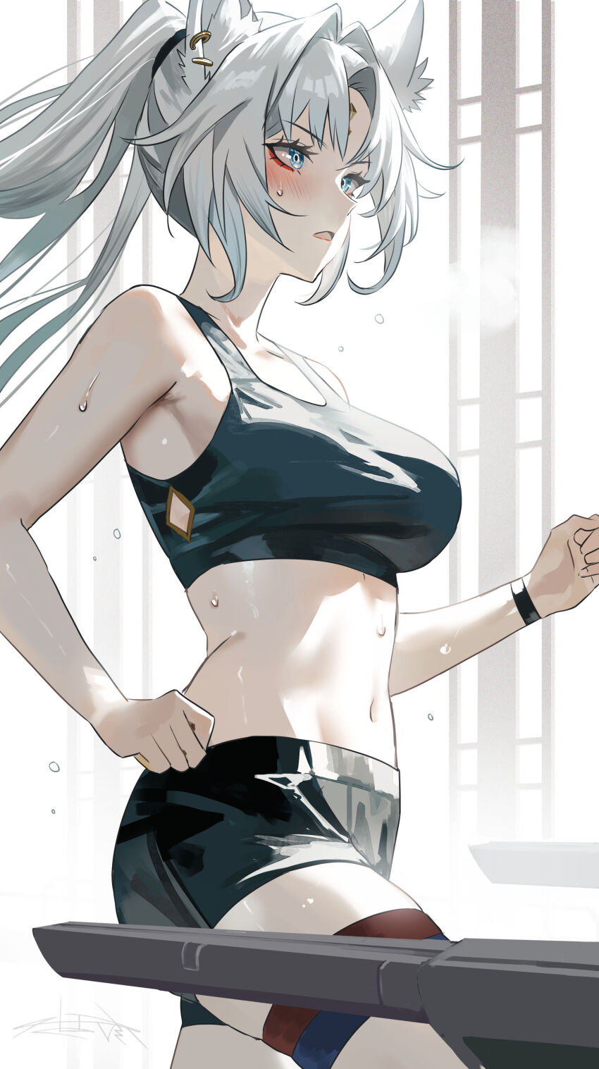1girl absurdres animal_ear_fluff animal_ear_piercing animal_ears architecture bare_shoulders blue_eyes blue_shorts blue_sports_bra bracelet breasts chinese_commentary commentary_request cowboy_shot east_asian_architecture exercising eyeliner feixiao_(fitness)_(honkai:_star_rail) feixiao_(honkai:_star_rail) forehead_jewel fox_ears fox_girl hair_intakes highres honkai:_star_rail honkai_(series) indoors jewelry large_breasts light_blush long_hair looking_ahead makeup maria_(maria_rose) midriff navel parted_bangs parted_lips partial_commentary red_eyeliner running shorts solo sports_bra stomach sweat thigh_strap treadmill white_hair
