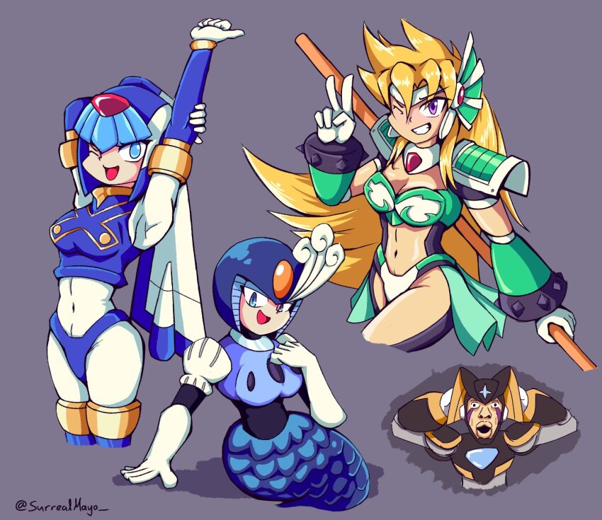 1boy 3girls android bass_(mega_man) blonde_hair blue_eyes commentary english_commentary hands_on_own_head helmet highres fairy_leviathan_(mega_man) marty_(mega_man) mega_man_(classic) mega_man_(series) mega_man_x_(manga) mega_man_x_(series) mega_man_zero_(series) meme mermaid monster_girl multiple_girls one_eye_closed purple_eyes shocked_black_guy_(meme) simple_background splash_woman stretching surrealmason upper_body v