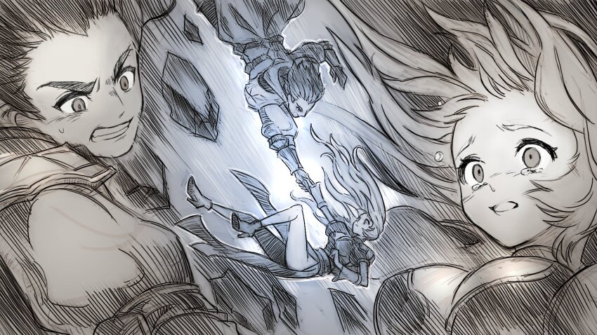 1boy 1girl armor artist_request breasts clenched_teeth commentary commentary_request crying dress english_commentary falling floating_clothes floating_hair frey_(king&#039;s_raid) game_cg hair_floating_upwards high_heels highres holding_hands kasel_(king&#039;s_raid) king&#039;s_raid korean_commentary long_hair medium_breasts mixed-language_commentary multiple_views official_art pelvic_curtain puffy_short_sleeves puffy_sleeves rescue second-party_source short_hair short_sleeves sweatdrop tears teeth wind