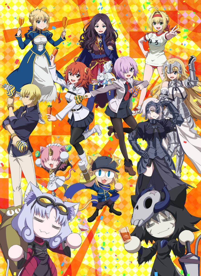 1boy 6+girls absurdres ahoge alcohol armor armored_dress artoria_pendragon_(fate) baseball_cap black_dress black_pantyhose black_skirt black_thighhighs blonde_hair blue_eyes boots breasts brown_hair carrot chaldea_uniform confetti corn_dog cosplay cup dress drinking_glass fangs fate/grand_carnival fate/grand_order fate_(series) fou_(fate) fujimaru_ritsuka_(female) gauntlets gilgamesh gilgamesh_(caster)_(fate) gilgamesh_(establishment)_(fate) gilgamesh_(fate) glasses green_eyes hair_ornament hair_over_one_eye hair_scrunchie hat highres horns instrument jacket jeanne_d&#039;arc_(fate) jeanne_d&#039;arc_alter_(avenger)_(fate) jeanne_d&#039;arc_alter_(fate) key_visual large_breasts light_purple_hair long_sleeves looking_at_viewer maracas mash_kyrielight mask multiple_girls mysterious_neco_v mysterious_neco_w mysterious_neco_x mysterious_neco_y necktie nero_claudius_(fate) nero_claudius_(fate/extra) official_alternate_costume official_art open_mouth orange_eyes orange_hair pantyhose pleated_skirt promotional_art purple_eyes red_eyes scar scar_on_face scarf scrunchie shinai short_hair side_ponytail single_horn skirt skull_mask smile sword tail teeth thighhighs upper_teeth_only weapon white_footwear wine wine_glass yellow_eyes zettai_ryouiki
