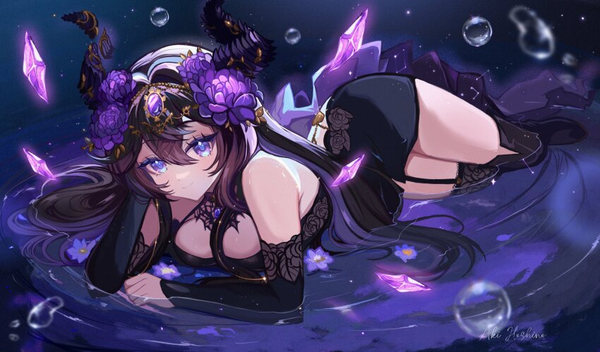 1girl absurdres aki_hoshino asymmetrical_legwear black_boots black_dress black_hair black_horns black_sleeves black_thighhighs boots breasts broken_horn colored_inner_hair commentary detached_sleeves double-parted_bangs dress english_commentary flower garter_straps gem hair_between_eyes hair_flower hair_ornament halter_dress halterneck head_chain head_on_hand highres horns indie_virtual_youtuber jewelry large_breasts looking_at_viewer lying mismatched_legwear multicolored_hair on_stomach purple_eyes purple_flower purple_gemstone purple_hair ripples second-party_source short_dress single_garter_strap single_thigh_boot single_thighhigh solo thigh_boots thighhighs unjaded_(vtuber) virtual_youtuber wading