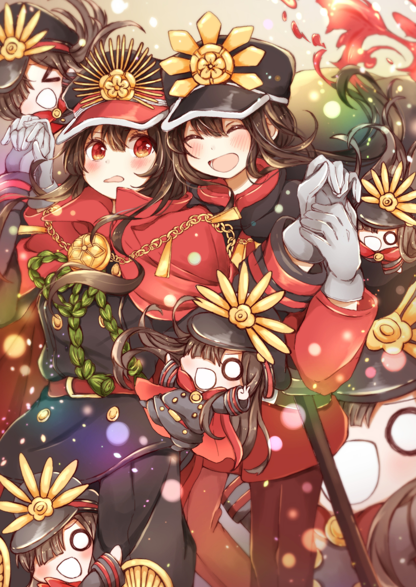 1boy 1girl absurdres belt belt_buckle black_hair blush buckle chibi closed_eyes commentary_request fate/grand_order fate_(series) gloves hair_between_eyes hat highres long_hair looking_at_another oda_nobukatsu_(fate) oda_nobunaga_(fate) oda_nobunaga_(koha-ace) open_mouth pants pixiv_fate/grand_order_contest_2 red_eyes standing yui_(tamagohan)