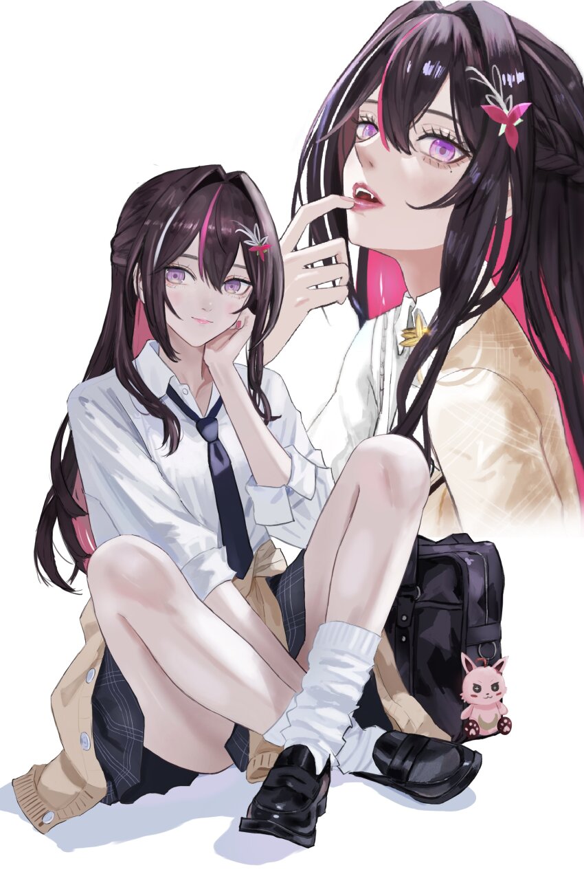 1girl absurdres alternate_costume azki_(4th_costume)_(hololive) azki_(hololive) black_necktie black_skirt braid brown_jacket clothes_around_waist collared_shirt colored_inner_hair commentary crossed_ankles dhbwinner fangs flower_hairpin half-jacket half_up_braid hand_on_own_cheek hand_on_own_face hashtag-only_commentary highres hololive jacket long_hair looking_at_viewer multicolored_hair necktie open_mouth pink_hair plaid_clothes plaid_skirt pleated_skirt purple_eyes purple_hair school_uniform shirt simple_background sitting skirt sleeves_rolled_up sweater sweater_around_waist virtual_youtuber white_background white_shirt
