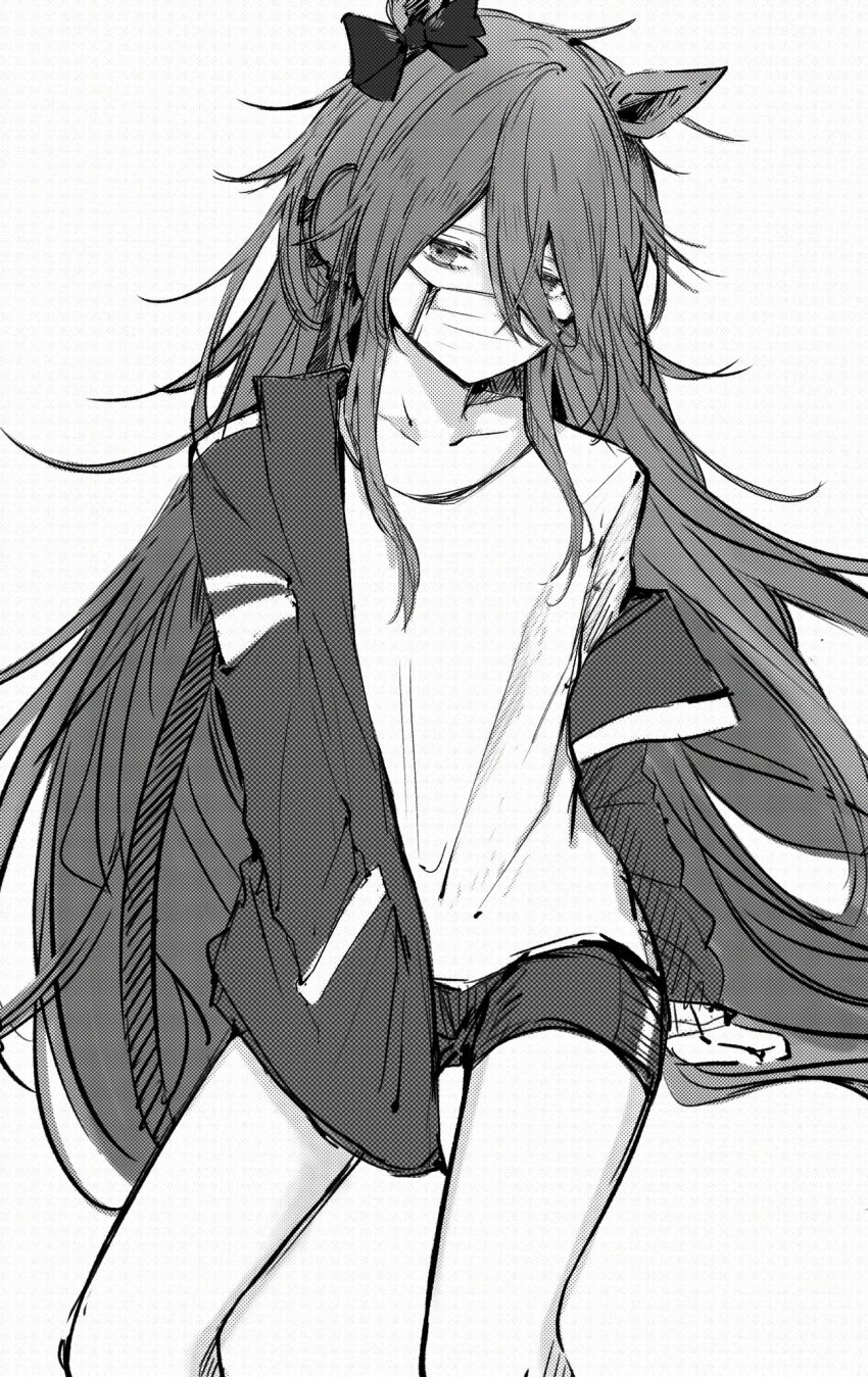 1girl aburi-gatana animal_ears bow ear_bow feet_out_of_frame greyscale hair_between_eyes hand_in_pocket highres horse_ears horse_girl invisible_chair jacket long_hair long_sleeves looking_at_viewer mask monochrome mouth_mask open_clothes open_jacket orfevre_(old_design)_(umamusume) shirt short_shorts shorts sitting sketch solo surgical_mask track_jacket umamusume