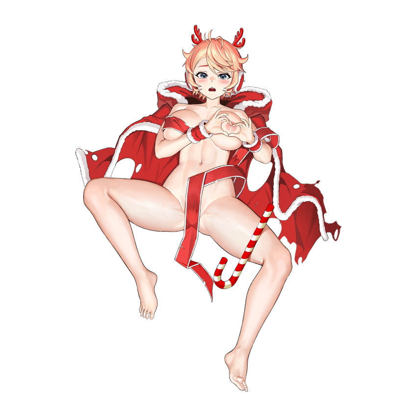1girl abs animal_earmuffs antlers blue_eyes blush breasts breasts_apart candy candy_cane cape chestnut_mouth convenient_censoring defeat earmuffs fake_antlers food full_body fur-trimmed_cape fur-trimmed_wrist_cuffs fur_trim groin_tendon heart heart-shaped_boob_challenge heart_hands highres hood hooded_cape horns large_breasts last_origin linea_alba looking_at_viewer lying naked_ribbon navel nipples non-web_source official_alternate_costume official_art on_back orange_hair pixie_(last_origin) red_cape red_ribbon red_wrist_cuffs reindeer_antlers ribbon short_hair simple_background solo spread_legs tachi-e taesi tearing_up teeth torn_cape torn_clothes torn_ribbon transparent_background triple_ahoge upper_teeth_only white_fur wrist_cuffs