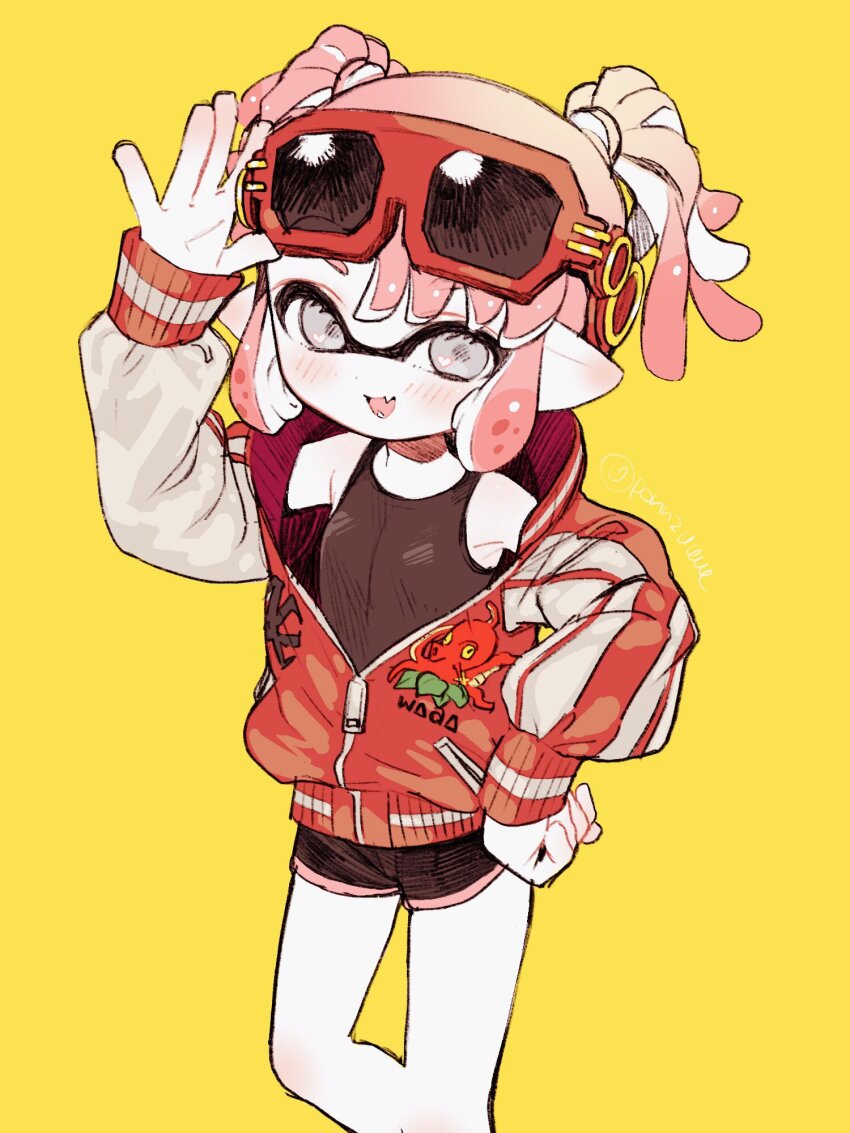 1girl adjusting_eyewear amezawa_koma arm_up bare_shoulders black_shorts black_tank_top breasts dolphin_shorts eyewear_on_head fangs grey_eyes hand_on_own_hip heart heart_in_eye highres inkling inkling_girl inkling_player_character jacket letterman_jacket long_sleeves nintendo open_mouth partially_unzipped pink_hair pointy_ears red-framed_eyewear red_jacket short_hair short_twintails shorts sidelocks small_breasts smile solo splatoon_(series) sunglasses swept_bangs symbol_in_eye tank_top tentacle_hair twintails yellow_background