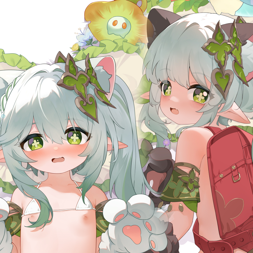 1girl animal_ears animal_hands backpack bag bikini bikini_top_lift cat_ears clothes_lift cross-shaped_pupils dakimakura_(medium) fake_animal_ears genshin_impact gloves gradient_hair green_eyes green_hair grey_hair highres loli lying multicolored_hair multiple_views nahida_(genshin_impact) nipples on_back open_mouth paw_gloves pointy_ears randoseru red_bag shio_(shiofeifei) side_ponytail swimsuit symbol-shaped_pupils white_bikini