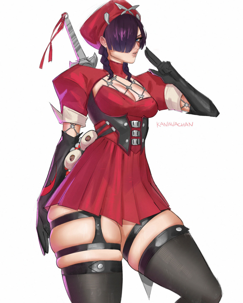 1girl bare_shoulders black_hair breasts elbow_gloves gloves highleg highleg_leotard highres holding holding_weapon kanavachan large_breasts leotard long_hair looking_at_viewer marvel marvel_rivals psylocke purple_eyes purple_hair sash solo superhero_costume sword thighhighs weapon x-men