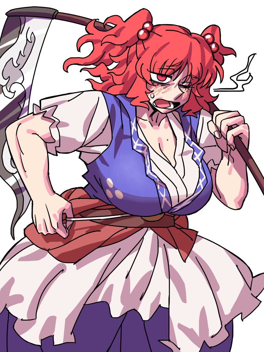 1girl ;o absurdres blue_dress blush breasts cleavage dress eddybird55555 freckles hair_bobbles hair_ornament highres holding holding_scythe large_breasts looking_at_viewer mole mole_on_breast obi one_eye_closed onozuka_komachi open_mouth red_eyes red_hair sash scythe short_sleeves simple_background solo touhou two_side_up white_background