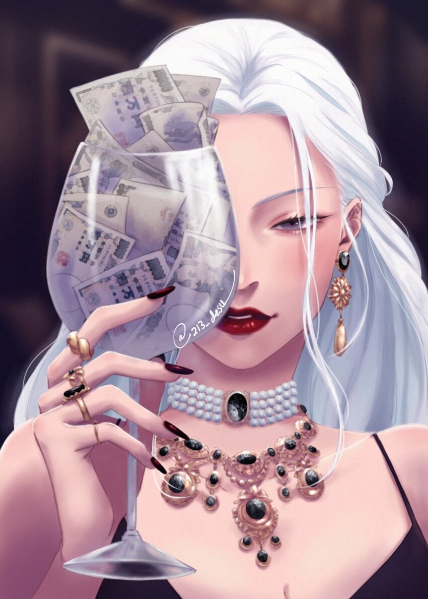 1girl bare_shoulders black_dress black_gemstone black_nails cowboy_shot cup dress drinking_glass gem highres holding holding_cup jewelry jujutsu_kaisen long_hair mei_mei_(jujutsu_kaisen) money necklace red_lips solo tubi twitter_username white_hair wine_glass