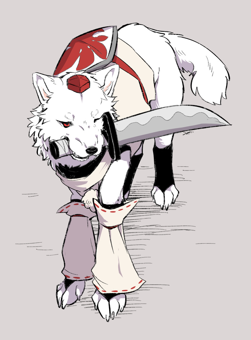 all_fours animalization detached_sleeves full_body grey_background hat highres inubashiri_momiji leaf_print maple_leaf_print min.k one_eye_closed red_eyes red_hat shield shield_on_back simple_background solo sword sword_in_mouth tokin_hat touhou weapon white_fur
