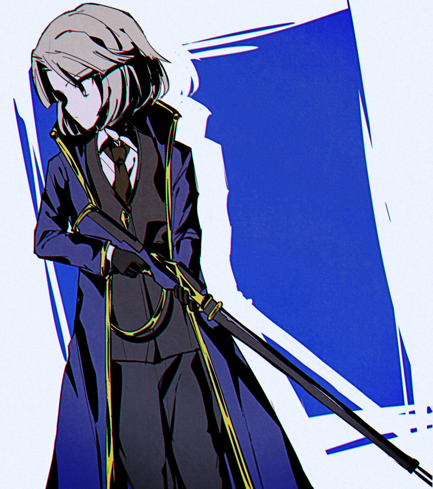 1other absurdres androgynous atoymk black_gloves black_necktie black_pants black_vest chromatic_aberration coat collared_shirt cowboy_shot der_freischuetz_(project_moon) e.g.o_(project_moon) film_grain fujiwara_no_shirogane_no_sanra gloves gold_trim grey_eyes grey_hair gun highres holding holding_gun holding_weapon len&#039;en lobotomy_corporation long_sleeves magic_bullet_(e.g.o) necktie open_clothes open_coat other_focus pants project_moon shirt short_hair solo vest weapon white_shirt