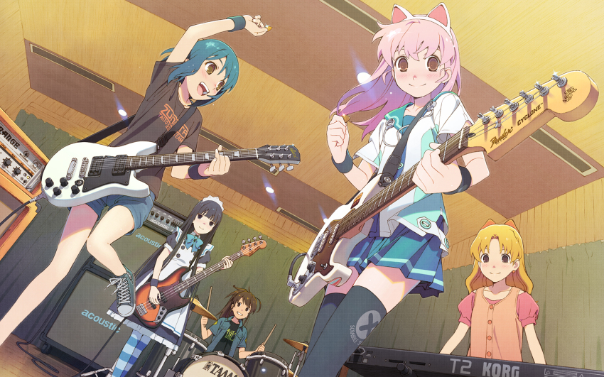 5girls amplifier animal_ears band_(music) bass_guitar black_eyes black_hair black_legwear blonde_hair blue_hair blush brown_eyes brown_hair drum drumsticks earrings electric_guitar fake_animal_ears fender_(company) fender_mustang guitar highres instrument jewelry keyboard_(instrument) korg long_hair looking_at_viewer multiple_girls open_mouth original pantyhose pink_hair pleated_skirt plectrum school_uniform shiwasu_takashi short_hair sidelocks skirt smile striped_clothes striped_legwear striped_pantyhose synthesizer thighhighs zettai_ryouiki