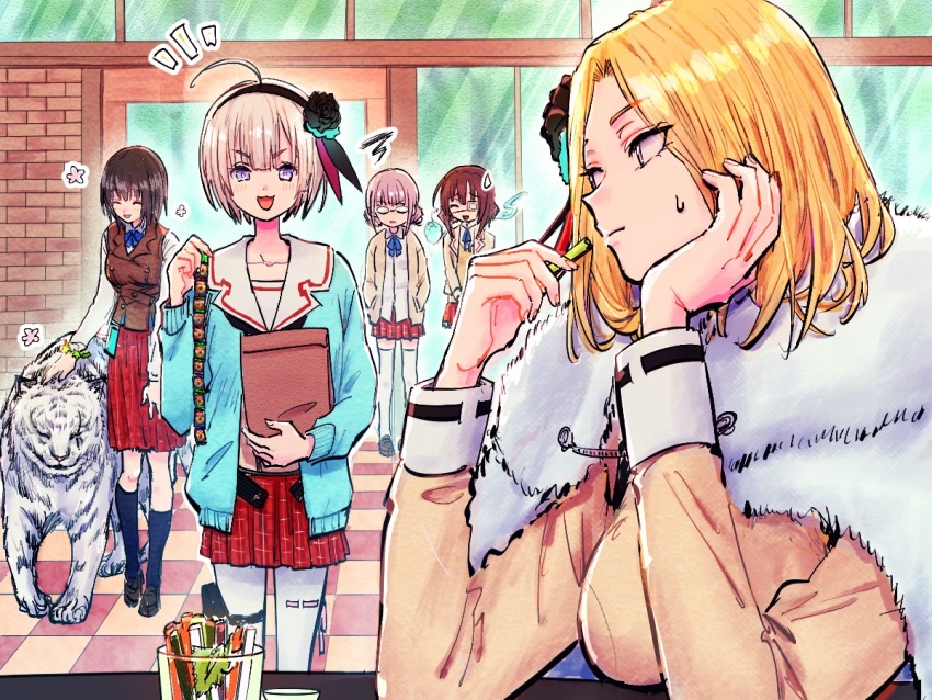 5girls :3 ahoge animal aoi_erika black_hairband black_thighhighs blonde_hair blue_bow blue_bowtie blue_cardigan bow bowtie breasts brown_footwear brown_hair brown_vest byakko_(heaven_burns_red) cardigan closed_eyes coat coat_on_shoulders collarbone commentary_request eyepatch fur-trimmed_coat fur_trim furrowed_brow ghost glasses grey_hair hairband hands_in_pockets head_rest heaven_burns_red higuchi_seika hiiragi_kozue holding hugging_object indoors jacket kulfiq long_sleeves looking_at_another medical_eyepatch medium_breasts medium_hair minase_ichigo minase_sumomo multiple_girls notice_lines open_clothes open_jacket open_mouth pantyhose petting plaid_clothes plaid_skirt pleated_skirt purple_eyes red_skirt sailor_collar school_uniform shirt short_hair siblings sisters skirt sleeve_cuffs smile solo_focus squiggle standing sweat sweatdrop team_31b_(heaven_burns_red) thighhighs tiger v-shaped_eyebrows vest white_pantyhose white_sailor_collar white_shirt white_thighhighs white_tiger yellow_jacket