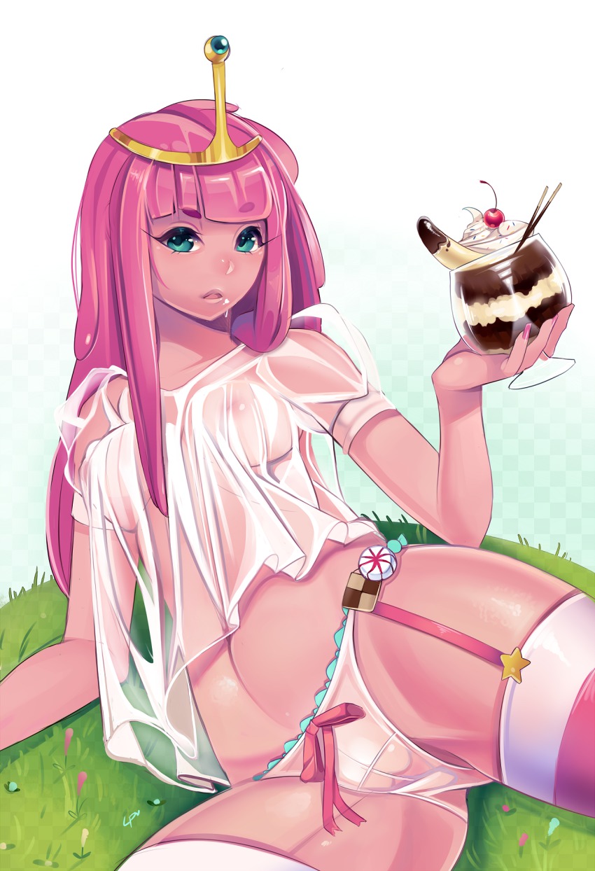 1girl adventure_time babydoll banana blue_eyes breasts colored_skin female_focus food fruit garter_straps glass highres ice_cream long_hair loyproject nipples panties partially_visible_vulva pink_hair pink_skin pocky princess_bonnibel_bubblegum reclining see-through_clothes small_breasts solo sundae thighhighs tiara underwear underwear_only white_thighhighs