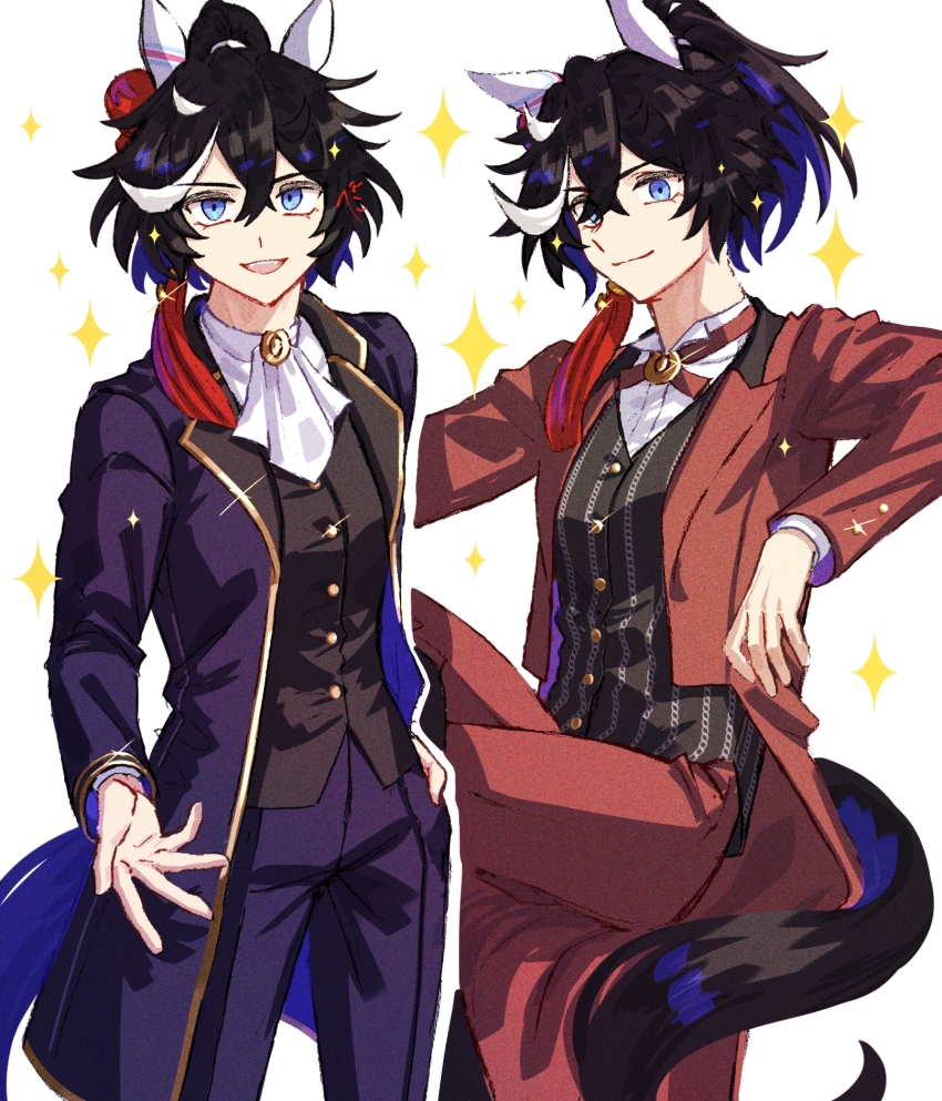 1girl alternate_costume animal_ears ascot black_hair black_vest blue_eyes breasts closed_mouth coat cross_tie crossed_bangs ear_covers hair_between_eyes hair_ornament highres horse_ears horse_girl horse_tail invisible_chair jagaimobeniko katsuragi_ace_(umamusume) long_sleeves multicolored_hair multiple_views open_mouth pants ponytail purple_coat purple_pants red_coat red_pants shirt short_hair signature simple_background sitting small_breasts smile sparkle streaked_hair tail tassel tassel_hair_ornament umamusume vest white_background white_shirt