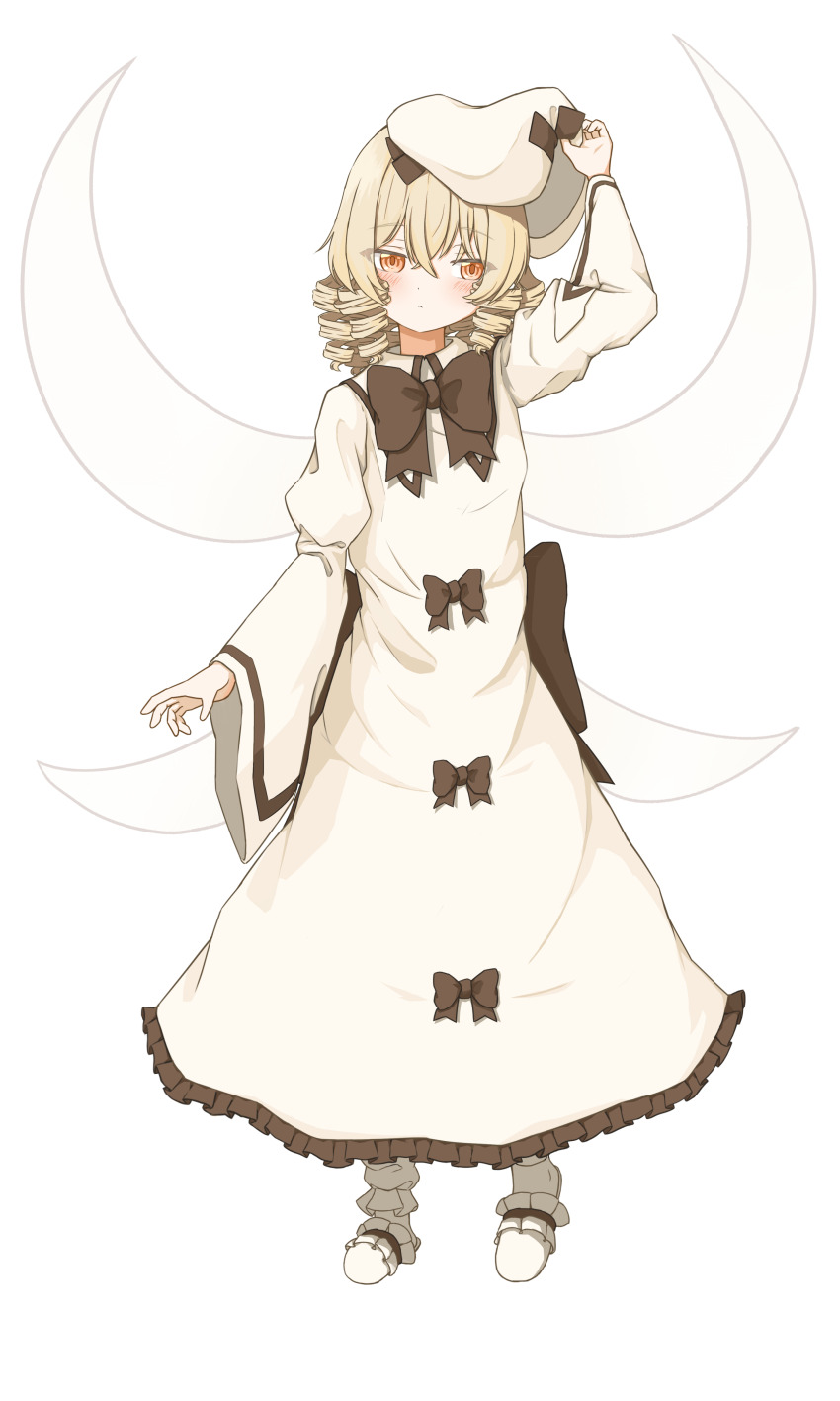 1girl absurdres black_bow blonde_hair blush bow dress drill_hair full_body hat highres luna_child nemanikoga red_eyes solo touhou transparent_background wings