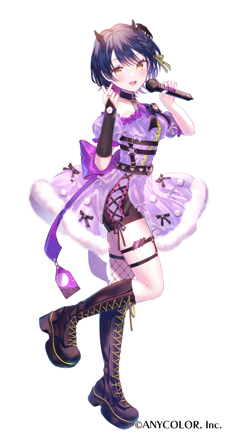 back_bow black_bow black_gloves black_horns black_shorts blue_hair boots bow frilled_thigh_strap brown_eyes copyright_notice cross-laced_clothes cross-laced_shorts dress elbow_gloves finger_heart fingerless_gloves full_body fur-trimmed_dress fur_trim glove_cutout gloves hair_ribbon halterneck head_wings highres holding holding_microphone horns kappe_reeka knee_boots microphone nijisanji off-shoulder_dress off_shoulder official_art pom_pom_(clothes) puffy_short_sleeves puffy_sleeves purple_dress purple_nails ribbon see-through_bow short_sleeves shorts shorts_under_dress simple_background single_elbow_glove single_fingerless_glove single_fishnet_legwear single_glove single_head_wing thigh_strap virtual_youtuber wings yamagami_karuta yellow_ribbon