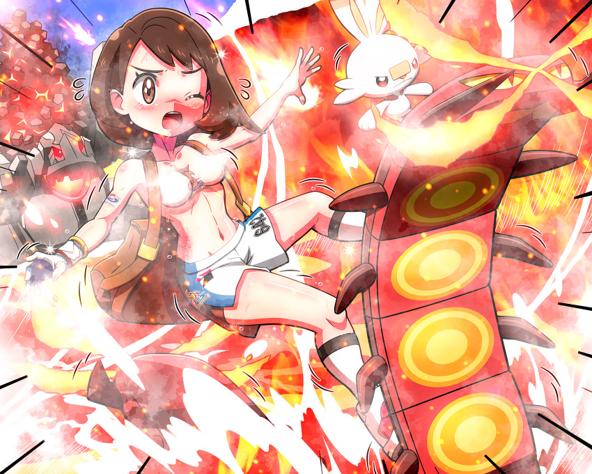 1girl backpack bag battle blush bob_cut brown_bag brown_eyes brown_hair censored censored_nipples centiskorch coalossal commentary_request convenient_censoring dynamax_band eyelashes flying_sweatdrops gen_8_pokemon gloria_(pokemon) gloves gym_challenge_uniform highres kneehighs knees nintendo one_eye_closed open_mouth outstretched_arms partially_fingerless_gloves pokemon pokemon_(creature) pokemon_swsh rorretsim scorbunny shiny_skin shoes short_hair short_shorts shorts side_slit side_slit_shorts single_glove socks sparkle steam steam_censor teeth tongue topless_female upper_teeth_only white_socks
