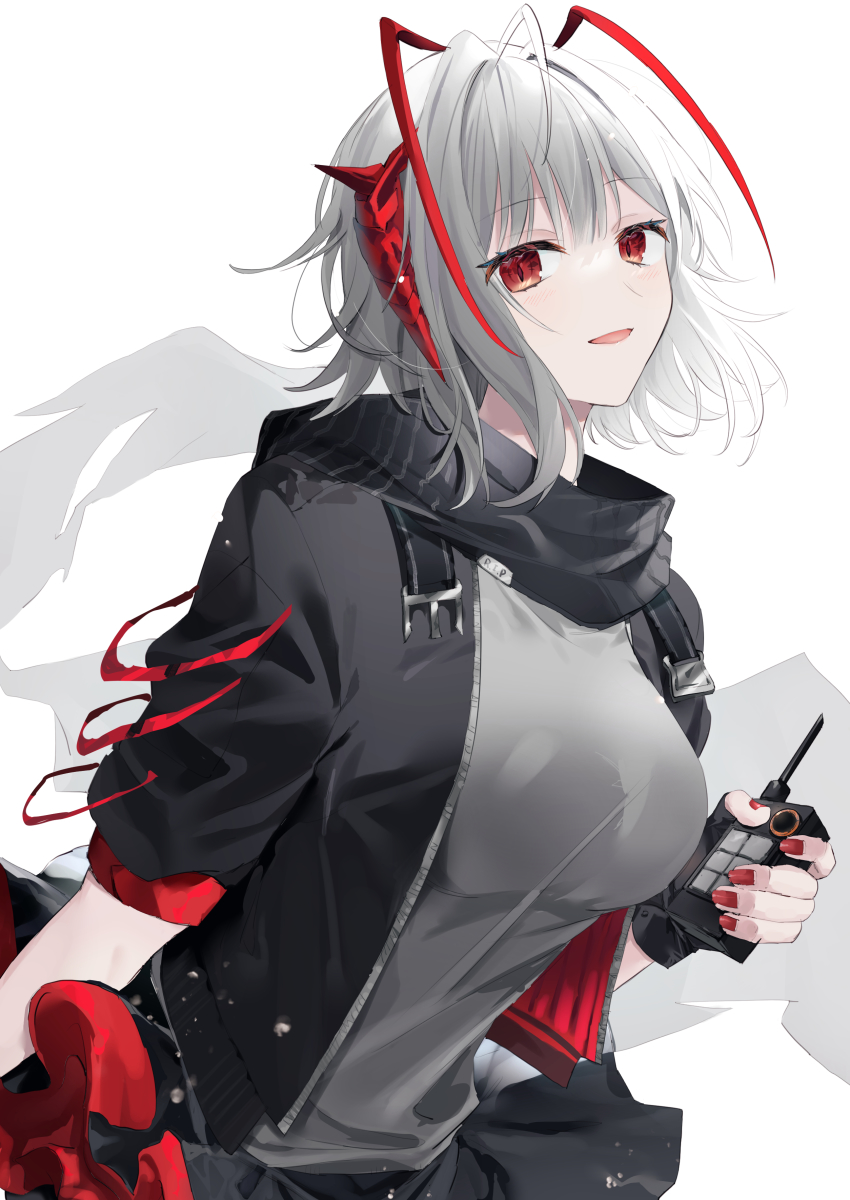 1girl absurdres antenna_hair arknights breasts demon_girl demon_horns highres horns jacket matsuzaka_(matsuzakagyu_29) multicolored_hair nail_polish parted_lips red_eyes red_hair scarf short_hair silver_hair solo w_(arknights)