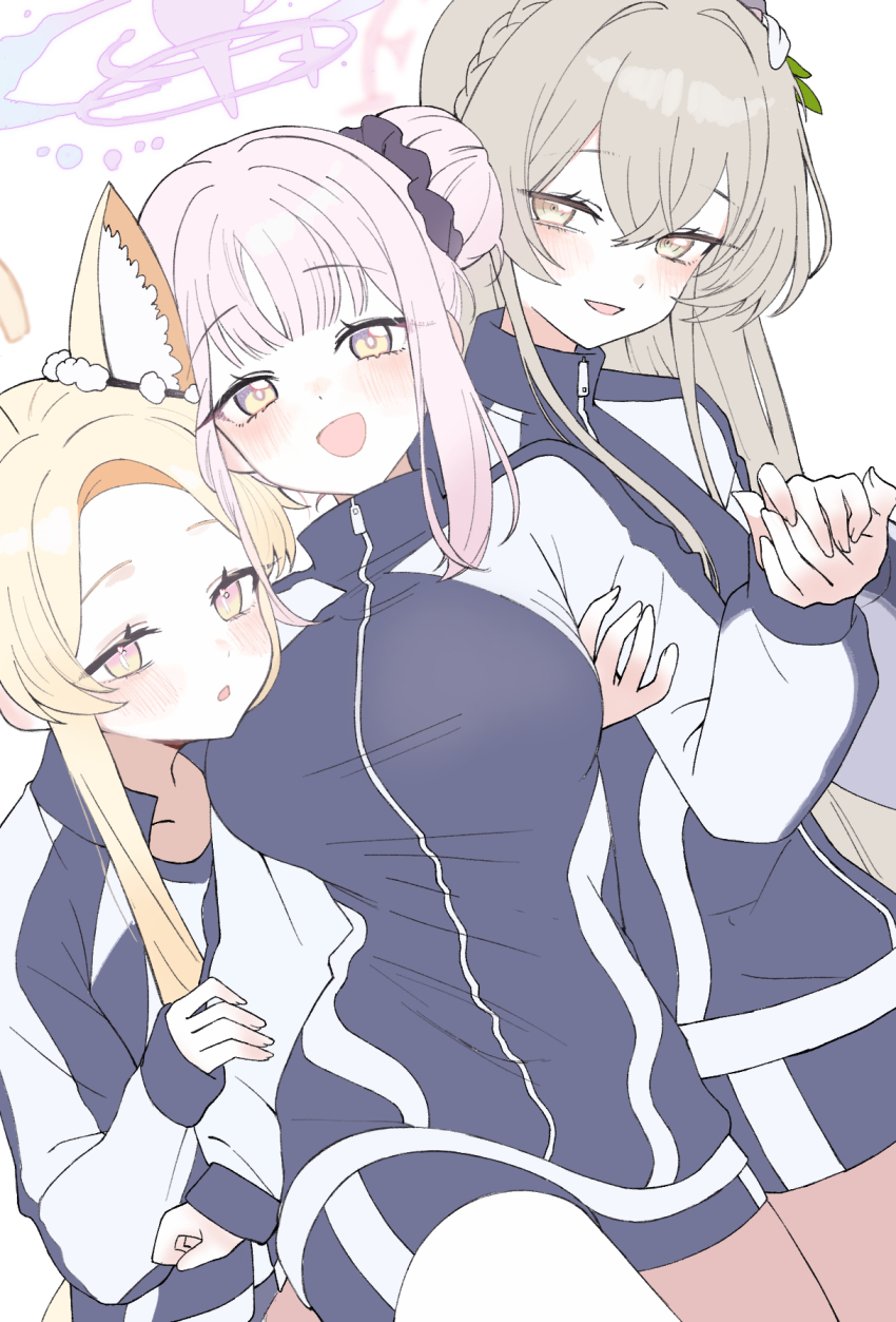 3girls animal_ears blonde_hair blue_archive blue_shorts blush braid breasts brown_hair commentary_request crown_braid double_bun forehead fox_ears gym_shorts hair_bun halo head_tilt highres holding_hands jacket korean_commentary large_breasts looking_at_viewer mika_(blue_archive) multiple_girls nagisa_(blue_archive) pink_hair ran_(bearsoymilk) seia_(blue_archive) shorts simple_background smile tea_party_(blue_archive) thighs track_jacket white_background white_wings wings yellow_eyes yuri