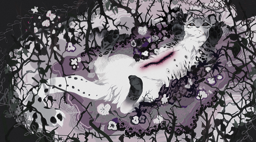 absurdres animal animal_focus black_sclera blanket body_fur bug centipede colored_sclera flower frilled_blanket grey_eyes grey_fur highres kamikiririp leaf lying no_humans on_back original plant plant_roots snow_leopard solo white_flower white_fur white_tail
