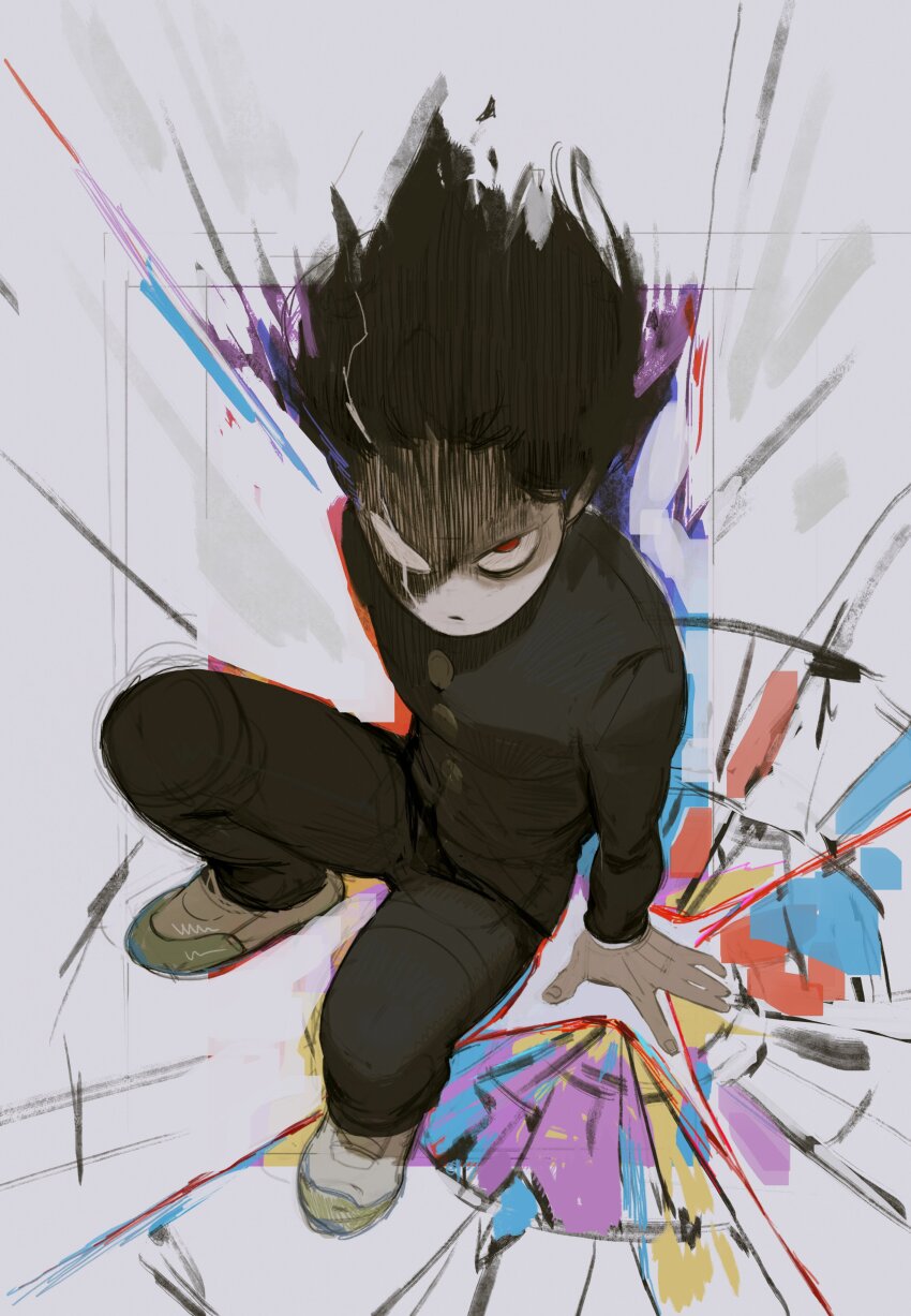 absurdres arm_support black_hair black_jacket black_pants blank_eyes buttons closed_mouth dark_persona energy fingernails floating_hair forehead full_body gakuran ground_shatter heterochromia highres honeyoink_draw jacket kageyama_shigeo knees_up long_sleeves looking_at_viewer male_focus mob_psycho_100 on_floor pants partially_shaded_face red_eyes school_uniform serious shoes short_hair sitting solo uwabaki white_background white_shoes