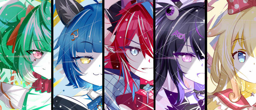 5girls :3 animal_ears black_hair blonde_hair blue_eyes blue_hair commission coni_confetti green_hair hair_ornament hair_ribbon highres chromashift kai_saikota long_hair looking_at_viewer momo_otako multicolored_hair multiple_girls nose nura_(nura01012333) poko_rakun purple_eyes raccoon_ears red_eyes red_hair ribbon roca_rourin_(vtuber) short_hair smile smirk star_(symbol) virtual_youtuber yellow_eyes