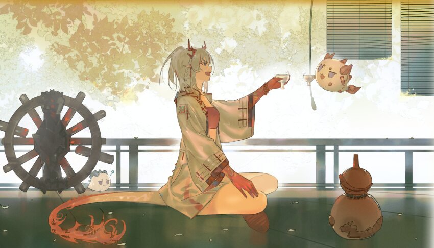1girl absurdres animal_ears arknights bandeau colored_skin dragon_girl dragon_horns dragon_tail earrings gourd hat highres holding horns jewelry ling_(arknights) long_hair multicolored_hair nian_(arknights) open_mouth pointy_ears purple_eyes red_bandeau red_tube_top short_hair sitting skirt solo strapless streaked_hair tail tassel tassel_earrings tube_top white_hair yuishironeko