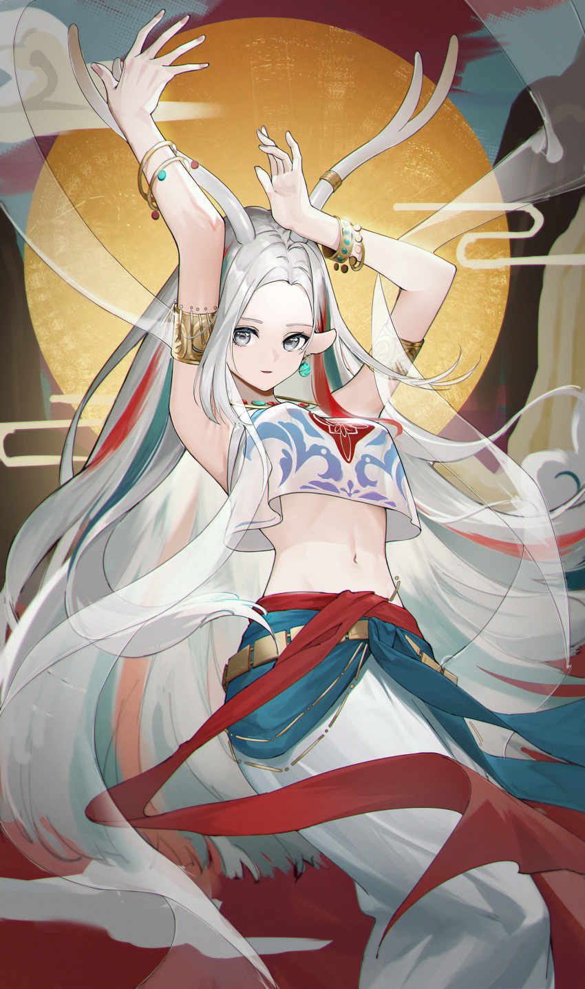 1girl a_deer_of_nine_colors absurdres animal_ears antler_ring antlers arknights armlet armpits arms_up blue_hair bracelet breasts cloud crop_top earrings forehead genera-x grey_eyes highres horns jewelry long_hair long_skirt looking_at_viewer medium_breasts multicolored_hair navel nine-colored_deer parted_lips red_hair see-through_clothes shawl silver_hair skirt smile solo stomach sun very_long_hair white_skirt