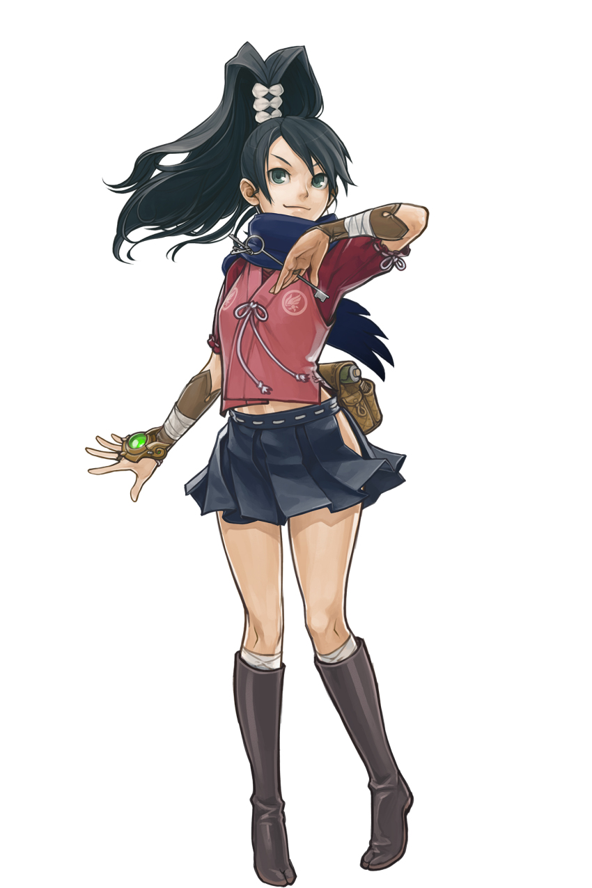 1girl ace_attorney ace_attorney_investigations adapted_costume arm_up bandages black_hair boots bracer bridal_gauntlets capcom company_connection fanny_pack female_focus full_body gloves green_eyes high_ponytail highres holding japanese_clothes jika-tabi kay_faraday key knee_boots kneehighs long_hair miniskirt mizutani_shin&#039;ya official_art onimusha_soul pleated_skirt ponytail scarf scrunchie short_sleeves side_slit simple_background skirt smile socks solo split-toe_footwear swept_bangs tabi tiptoes wavy_hair white_background wind