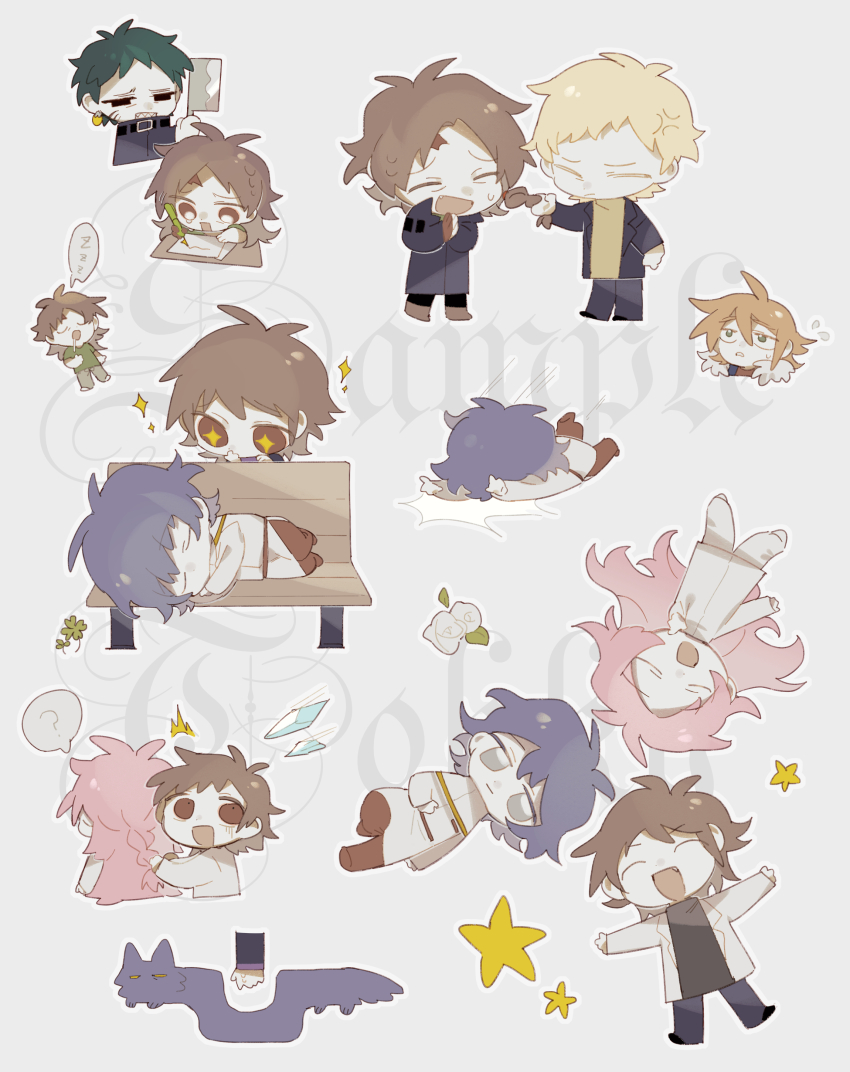 6+boys ^_^ absurdres anger_vein atou_haruki bench black_coat black_pants black_shirt blonde_hair blue_hair brown_hair chibi chibi_only chinese_commentary cleaver closed_eyes closed_mouth coat commentary_request dreyfus_zweig drooling face_down fang flower flying_sweatdrops grabbing_another&#039;s_hair green_eyes green_hair grey_eyes hair_between_eyes hand_on_own_stomach harada_minoru hatsutori_hajime highres holding holding_cleaver icicle isoi_reiji jacket long_sleeves male_focus mouth_drool multiple_boys on_bench open_clothes open_jacket open_mouth outstretched_arm pants park_bench red_eyes red_pants rose saibou_shinkyoku sample_watermark sanpaku shirt short_hair sleeping smile sparkle sparkling_eyes star_(symbol) tokiki_(lsqmsukiki) utsugi_noriyuki watermark white_flower white_jacket white_pants white_rose white_shirt yellow_shirt zzz